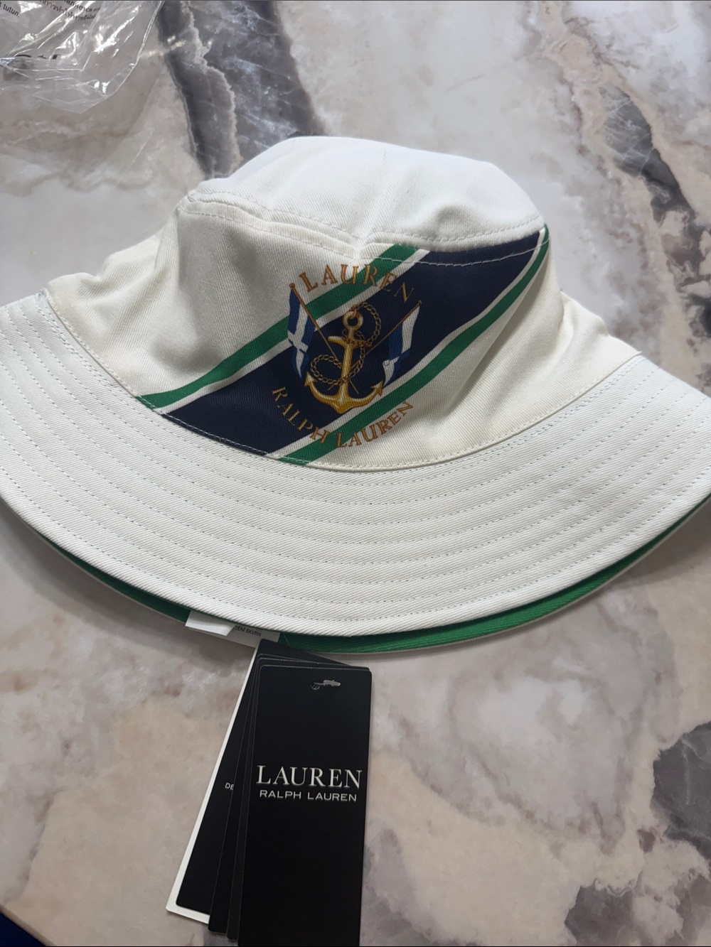 Lauren Ralph Lauren White Bucket Hat with Navy and Green Crest